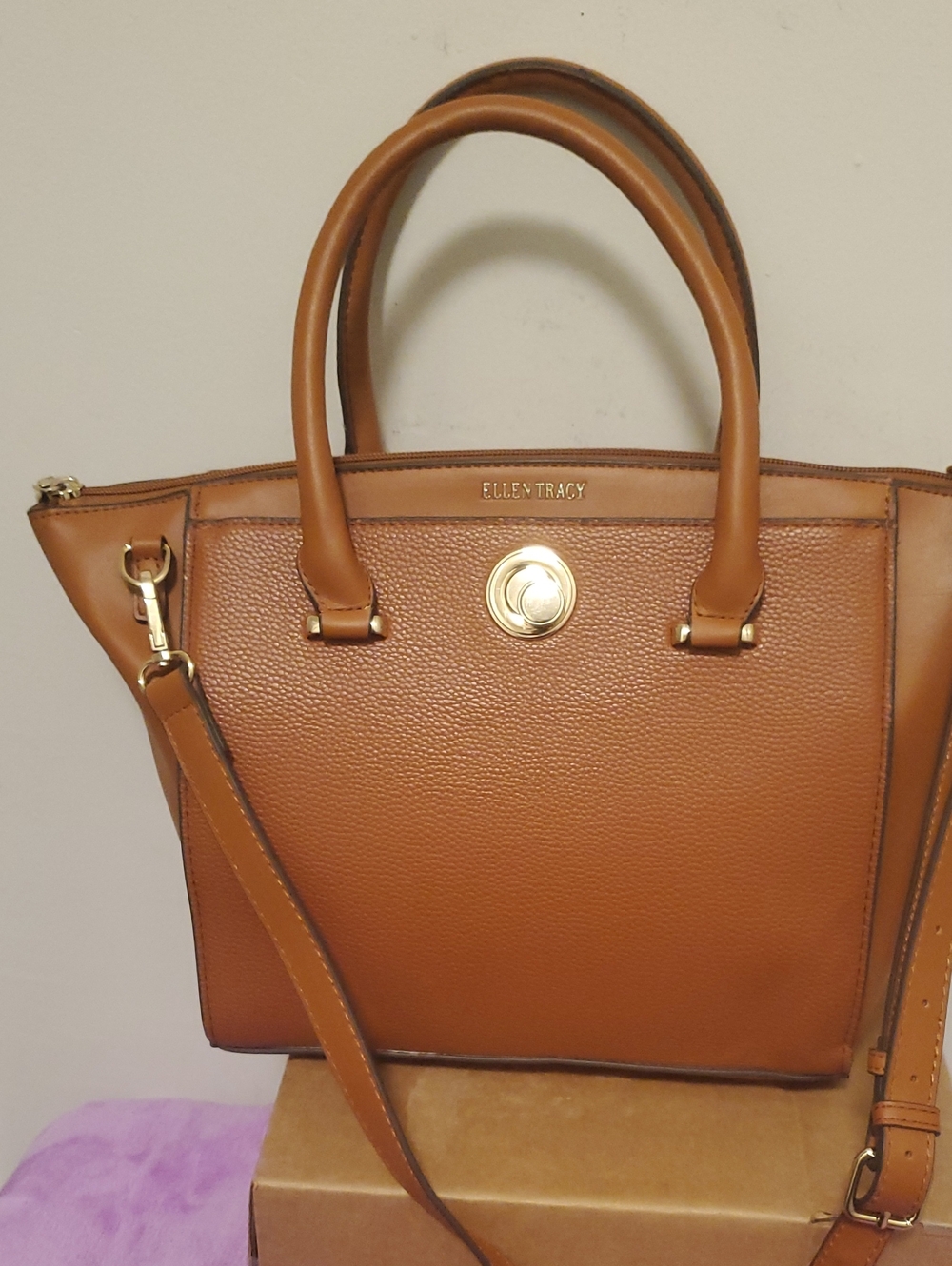 Ellen Tracy Cognac Brown Leather Satchel with Gold Hardware